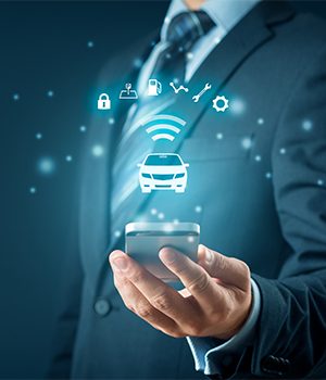 Intelligent car, intelligent vehicle and smart cars concept with smart phones. Symbol of the car and information via wireless communication about security, parking location, fuel, drive analysis, service and car settings.